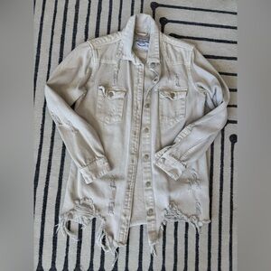 Distressed Jean Cream Button-Up Jacket